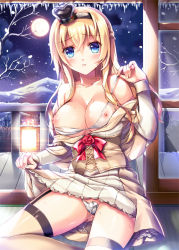 Rule 34 | 10s, 1girl, blonde hair, blue eyes, blush, bra, breasts, clothes lift, crown, crying, dress, fukase ayaka, full moon, garter straps, holding, holding bra, holding clothes, holding skirt, holding underwear, ice, icicle, kantai collection, lantern, large breasts, looking at viewer, mini crown, moon, nipples, panties, pussy juice, see-through, side-tie panties, sitting, skirt, snow, solo, string panties, tears, thighhighs, underwear, undressing, untied panties, warspite (kancolle), white bra, white panties, white thighhighs, window