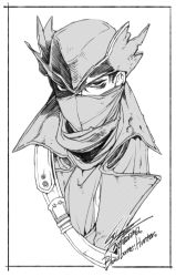 Rule 34 | 1boy, belt buckle, black eyes, black hair, bloodborne, buckle, face, greyscale, hat, hatching (texture), hiryuu (kugelcruor), hunter (bloodborne), mask, monochrome, monochrome, scarf, shaded face, signature, simple background, sketch, torn clothes, white background