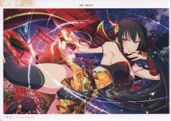 Rule 34 | 1girl, absurdres, bare shoulders, black hair, breasts, bridal gauntlets, highres, japanese clothes, large breasts, long hair, looking at viewer, night, night sky, official art, outdoors, page number, red eyes, scan, senran kagura, senran kagura new link, shiny skin, simple background, sky, smile, solo, star (sky), starry sky, thighhighs, thighs, yaegashi nan