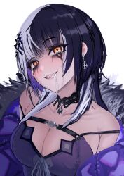 Rule 34 | 1girl, absurdres, black choker, black hair, breasts, chest strap, choker, cleavage, coat, cross, cross earrings, crying, crying with eyes open, drooling, earrings, fur-trimmed coat, fur trim, heart, heart-shaped pupils, highres, hololive, hololive english, jewelry, lace-trimmed choker, lace trim, large breasts, long hair, looking at viewer, multicolored hair, otapic, paid reward available, runny makeup, saliva, shiori novella, shiori novella (1st costume), single earring, smile, solo, split-color hair, symbol-shaped pupils, tears, teeth, virtual youtuber, white background, white hair, yellow eyes