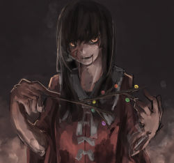 Rule 34 | 1girl, absurdres, black hair, bleeding, blood, blood from mouth, blood on face, bloody tears, branch, breath, collared shirt, commentary, dark, exposed bone, exposed muscle, grey background, hands up, higasa rin, highres, hime cut, holding, holding branch, houraisan kaguya, injury, jeweled branch of hourai, long hair, looking at viewer, neck ribbon, parted lips, pink shirt, ribbon, shirt, sketch, smirk, solo, touhou, upper body, white ribbon, wide sleeves, wing collar, yellow eyes