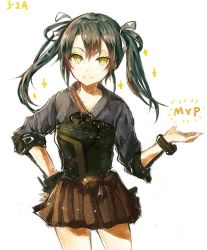 Rule 34 | 10s, 1girl, armor, blush, bracelet, breastplate, brown skirt, closed mouth, collarbone, contrapposto, cowboy shot, green hair, grey ribbon, hair ribbon, hand on own hip, head tilt, highres, japanese clothes, jewelry, kantai collection, kimono, legs apart, looking at viewer, muneate, mvp, nontraditional miko, pleated skirt, ribbon, simple background, sketch, skirt, smile, solo, sparkle, standing, ten (cherry61897), tsurime, twintails, white background, yellow eyes, zuikaku (kancolle)