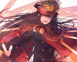 Rule 34 | 1girl, black hair, black shirt, cape, chain, crest, family crest, fate/grand order, fate (series), hair between eyes, hat, highres, jikkentai (zol8529), long sleeves, looking at viewer, military hat, oda nobunaga (fate), oda uri, open mouth, peaked cap, red cape, red eyes, shirt, solo, upper body, white background