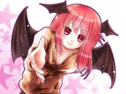 Rule 34 | 1girl, alternate costume, bat wings, black bra, blush, bra, breasts, cleavage, commentary request, downblouse, foreshortening, gradient background, head wings, koakuma, light particles, lips, long hair, long sleeves, looking at viewer, outline, outstretched arm, red eyes, red hair, sidelocks, simple background, smile, solo, star (symbol), tsukiori sasa, underwear, wings