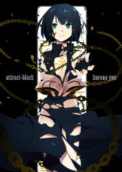 Rule 34 | 1girl, book, breasts, chain, cleavage, english text, fingerless gloves, gloves, kurono yuu, medium breasts, original, outstretched hand, solo, torn clothes