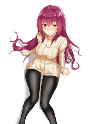 Rule 34 | 1girl, :o, arm support, black pantyhose, blush, breasts, fate/grand order, fate (series), highres, legs, long hair, long sleeves, looking at viewer, m kong, medium breasts, pantyhose, purple hair, red eyes, ribbed sweater, scathach (fate), sitting, solo, sweater, turtleneck, turtleneck sweater, very long hair, yellow sweater