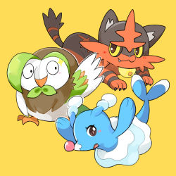 Rule 34 | beak, brionne, closed mouth, creatures (company), dartrix, game freak, gen 7 pokemon, looking at viewer, nintendo, no humans, open mouth, orange background, pokemon, pokemon (creature), pokemon sm, starter pokemon trio, tail, torracat, wings, zrae