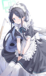 Rule 34 | 1girl, absurdres, apron, aris (blue archive), aris (maid) (blue archive), black hair, black shirt, black skirt, blue archive, blue eyes, blue ribbon, cake walker, highres, maid, maid apron, maid headdress, official alternate costume, official alternate hairstyle, pantyhose, ribbon, shirt, simple background, skirt, solo, white background, white pantyhose