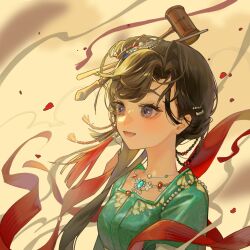 Rule 34 | 1girl, :d, absurdres, black eyes, black hair, chinese clothes, chinese hairpin, diandian kunyi, from side, green shirt, hair bun, hair ornament, hanfu, highres, jewelry, jiu niangzi, layered sleeves, long hair, long sleeves, looking ahead, necklace, open mouth, portrait, red shawl, reverse:1999, shawl, shirt, short over long sleeves, short sleeves, single side bun, smile, solo, tassel, tassel hair ornament, wind, yellow background