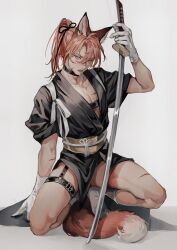 Rule 34 | 1boy, animal ear fluff, animal ears, arm support, belt, belt collar, black kimono, chest belt, collar, commentary, deadprince, facial scar, fangs, fox boy, fox ears, fox tail, garter straps, gloves, hair between eyes, hand up, highres, holding, holding sword, holding weapon, japanese clothes, katana, kimono, male focus, no shoes, obi, open mouth, original, ponytail, red hair, sash, scar, scar on arm, scar on cheek, scar on chest, scar on face, scar on leg, scar on nose, simple background, socks, solo, squatting, sword, symbol-only commentary, tail, tasuki, unsheathed, weapon, white background, white gloves, white socks, yellow eyes