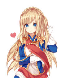 Rule 34 | 1girl, aiguillette, bad id, bad pixiv id, blonde hair, blue eyes, blue jacket, blush, braid, breasts, closed mouth, crown braid, epaulettes, gloves, heart, highres, jacket, long hair, long sleeves, looking at viewer, military, military uniform, red sash, richelieu (warship girls r), sash, simple background, smile, solo, tsukimi (xiaohuasan), uniform, upper body, warship girls r, white background, white gloves