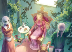 Rule 34 | 1boy, 2girls, aruk, cake, chocobo, crossover, crown, dragon, dress, e.v.e., closed eyes, final fantasy, flower, food, indoors, long dress, long hair, maid, mask, mother (game), mother 1, multiple girls, nintendo, plant, queen mary, sabotender, square enix, stuffed animal, stuffed toy, tea, teddy bear, throne, very long hair, vines