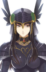 Rule 34 | 1girl, armor, black armor, black hair, breastplate, closed mouth, feathers, helmet, highres, hrist valkyrie, lips, long hair, murata tefu, shoulder armor, simple background, solo, valkyrie, valkyrie profile (series), white background, winged helmet