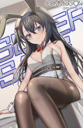 Rule 34 | 1girl, adapted costume, bare shoulders, belt, black hair, blue eyes, blush, bow, bowtie, breasts, cleavage, commission, detached collar, girls&#039; frontline, hair between eyes, hair flaps, hair ornament, hairclip, headband, highres, leotard, long hair, looking at viewer, medium breasts, pantyhose, phago, playboy bunny, sitting, smile, solo, super sass (girls&#039; frontline), thighband pantyhose, very long hair, wrist cuffs