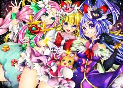 Rule 34 | 3girls, asahina mirai, black gloves, black hat, blonde hair, bow, braid, choker, circlet, closed mouth, cowboy shot, cure felice, cure magical, cure miracle, elbow gloves, flower, flower in eye, gloves, green eyes, green skirt, grin, hair flower, hair ornament, hanami kotoha, hat, izayoi liko, long hair, looking at viewer, magical girl, mahou girls precure!, mini hat, mini witch hat, mofurun (mahou girls precure!), multiple girls, pink bow, pink hair, pink hat, pink skirt, precure, purple eyes, purple hair, red bow, senmu (0107), skirt, smile, stuffed animal, stuffed toy, symbol in eye, teddy bear, white gloves, witch hat