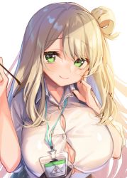 Rule 34 | 1girl, blonde hair, blue archive, breasts, buttons, cleavage, closed mouth, collared shirt, commentary request, green eyes, hair bun, hand on own cheek, hand on own face, hands up, highres, holding, holding stick, large breasts, light blush, long hair, looking at viewer, mokokiyo (asaddr), name tag, nonomi (blue archive), shirt, short sleeves, simple background, single hair bun, smile, solo, stick, swept bangs, upper body, white background, white shirt