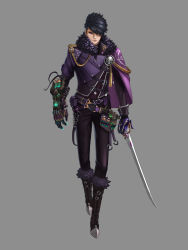 Rule 34 | absurdres, androgynous, asymmetrical clothes, asymmetrical hair, belt, black hair, black pants, boots, brown footwear, cape, chain, earrings, full body, fur trim, gauntlets, gender request, grey background, highres, jewelry, kit park, looking at viewer, md5 mismatch, necromancer, o-ring, original, pants, pendant, pouch, purple cape, purple eyes, resolution mismatch, solo, source smaller, standing, sword, test tube, weapon