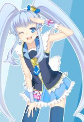 Rule 34 | 10s, 1girl, ;d, armpits, bad id, bad pixiv id, blue background, blue eyes, blue hair, blue thighhighs, brooch, crown, cure princess, earrings, happinesscharge precure!, heart, heart brooch, jewelry, long hair, looking at viewer, magical girl, matching hair/eyes, mini crown, nmaoh, one eye closed, open mouth, outline, pleated skirt, precure, salute, shirayuki hime, skirt, smile, solo, thighhighs, twintails, very long hair, wink