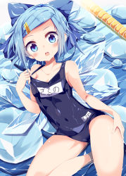 Rule 34 | 1girl, alternate hairstyle, bare arms, bare legs, bare shoulders, blue bow, blue one-piece swimsuit, blue wings, blush, bow, cirno, clothes pull, collarbone, colored eyelashes, commentary request, covered navel, hair bow, hair ornament, hairpin, hand on own hip, hand up, highres, ice, ice wings, looking at viewer, lying, maturiuta sorato, name tag, old school swimsuit, one-piece swimsuit, one-piece swimsuit pull, open mouth, school swimsuit, short hair, solo, stomach day, swimsuit, thighs, touhou, translated, water, wet, wings
