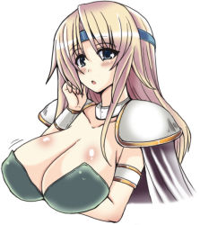 Rule 34 | 1990s (style), 1girl, :o, adjusting hair, armband, armor, blonde hair, blue eyes, blush, body blush, bouncing breasts, breasts, cape, celes chere, choker, cleavage, final fantasy, final fantasy vi, huge breasts, large breasts, long hair, open mouth, parted bangs, retro artstyle, shoulder pads, simple background, solo, upper body, wristband, yasakani an