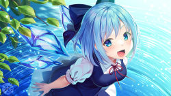 Rule 34 | 1girl, blue bow, blue dress, blue eyes, blue hair, bow, bowtie, breasts, cirno, collar, dress, fang, hair between eyes, holding, ice, ice wings, lake, leaf, light, looking at viewer, looking up, matatabi maru, medium breasts, open mouth, puffy short sleeves, puffy sleeves, red bow, red bowtie, shadow, shirt, short hair, short sleeves, smile, solo, touhou, water, white shirt, wings