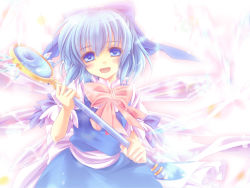 Rule 34 | 1girl, blue eyes, blue hair, blush, bow, circled 9, cirno, hair bow, ice, ice wings, magical girl, matching hair/eyes, monety, open mouth, solo, staff, touhou, wings