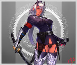 Rule 34 | 1girl, armband, armor, belt, belt pouch, black belt, black hat, black panties, black shirt, black thighhighs, border, breast pocket, breasts, buckle, buttons, closed mouth, collared shirt, colored skin, commentary request, expressionless, garter straps, gauntlets, glint, greaves, grey background, grey border, grey necktie, hair between eyes, hat, highres, holding, holding sword, holding weapon, horns, katana, large breasts, long hair, long sleeves, looking at viewer, necktie, no pants, ogami, oni, oni horns, orange skin, original, outside border, panties, pentagram, pocket, pointy ears, pouch, purple eyes, scabbard, sheath, shirt, signature, silver hair, skull and crossbones, solo, standing, star (symbol), sword, thighhighs, underwear, unsheathed, vambraces, very long hair, weapon