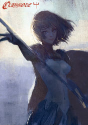 Rule 34 | 1girl, armor, artist request, breasts, cape, clare (claymore), claymore (series), copyright name, gradient background, painterly, short hair, simple background, small breasts, solo, sword, weapon, yinwoeren