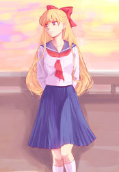 Rule 34 | 1990s (style), 1girl, aino minako, arms behind back, bad id, bad pixiv id, bishoujo senshi sailor moon, blonde hair, blue eyes, blue sailor collar, blue skirt, bow, closed mouth, collarbone, earrings, expressionless, hair bow, half updo, highres, jewelry, karasa (tsukasa yu), lips, long hair, long sleeves, looking to the side, neck, neckerchief, outdoors, pleated skirt, pocket, red bow, red neckerchief, retro artstyle, sailor collar, school uniform, serafuku, short sleeves, skirt, socks, solo, standing, stud earrings, sunset, white socks
