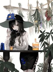 Rule 34 | 1girl, alcohol, bag, black hair, blue nails, breasts, cup, drinking glass, unworn eyewear, handbag, hat, highres, holding, holding removed eyewear, large breasts, leaning on object, long hair, nail polish, narue, original, skirt, solo, sun hat, sunglasses, whiskey
