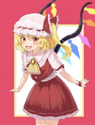 Rule 34 | 1girl, ascot, blonde hair, border, brooch, collared shirt, commentary, cowboy shot, english commentary, fang, flandre scarlet, frilled ascot, frilled shirt collar, frilled skirt, frilled sleeves, frills, hair between eyes, hat, hat ribbon, highres, jewelry, leaning forward, looking at viewer, medium hair, mob cap, multicolored wings, one side up, open mouth, orange brooch, puffy short sleeves, puffy sleeves, red background, red border, red eyes, red ribbon, red skirt, red vest, ribbon, ribbon-trimmed headwear, ribbon trim, shirt, short sleeves, skin fang, skirt, skirt set, solo, touhou, vest, white hat, white shirt, wings, wrist cuffs, xantam0129, yellow ascot