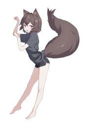Rule 34 | 1girl, :d, absurdres, animal ear fluff, bare legs, barefoot, black shirt, brown hair, ellu, fang, full body, gym shorts, highres, looking at viewer, open mouth, original, paw pose, red eyes, shirt, short hair, short sleeves, shorts, simple background, smile, tail, white background