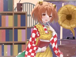 Rule 34 | 1girl, absurdres, anima miko, apron, bell, book, commentary request, frilled apron, frilled skirt, frills, green skirt, hair bell, hair ornament, highres, holding, holding book, japanese clothes, jingle bell, kimono, long sleeves, motoori kosuzu, open mouth, orange eyes, orange hair, phonograph, red kimono, shirt, skirt, touhou, twintails, two-tone kimono, two side up, white kimono, white shirt, wide sleeves, yellow apron