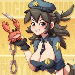 Rule 34 | 1girl, black eyes, black gloves, black hair, blush, borrowed character, breasts, cleavage cutout, clothing cutout, covered erect nipples, crab, cuffs, fingerless gloves, gloves, halftone, handcuffs, hat, highres, jammeryx, knife, large breasts, long hair, lucia (scott malin), original, parted lips, police, police badge, police hat, police uniform, policewoman, shadow, smile, solo, uniform, upper body, yellow background
