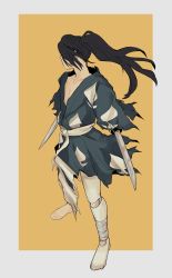 Rule 34 | 1boy, absurdres, amputee, arm blade, black hair, collarbone, commentary, dororo (tezuka), florbetriz, full body, highres, hyakkimaru (dororo), long hair, looking to the side, male focus, ponytail, prosthesis, prosthetic arm, prosthetic leg, solo, standing, weapon