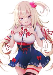 Rule 34 | 1girl, absurdres, akai haato, akai haato (1st costume), black thighhighs, blonde hair, blue eyes, blue skirt, breasts, collared shirt, hair ornament, hair ribbon, heart, heart hair ornament, heart hands, highres, hololive, large breasts, long hair, looking at viewer, open mouth, red ribbon, ribbon, shirt, side ponytail, skirt, smile, solo, teeth, thigh strap, thighhighs, transparent background, twintails, upper teeth only, virtual youtuber, white shirt, yanagiba sakana