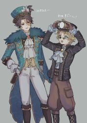 Rule 34 | 2boys, :d, adjusting clothes, adjusting headwear, blue eyes, brown eyes, brown gloves, brown hair, burn scar, coat, coattails, cosplay, ascot, epaulettes, freckles, frilled sleeves, frills, fur trim, glasses, gloves, grey background, gumegume, hand on own hip, hat, highres, identity v, looking at another, male focus, mike morton, mike morton (cosplay), monocle, multiple boys, norton campbell, norton campbell (cosplay), official alternate costume, open mouth, scar, short hair, simple background, sleeves past wrists, smile, white gloves