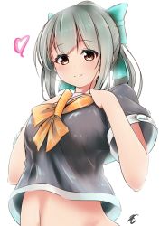 Rule 34 | 10s, 1girl, backlighting, bad id, bad pixiv id, black serafuku, blush, bow, breasts, brown eyes, closed mouth, green bow, green hair, hair bow, hands on own chest, hands up, heart, highres, kantai collection, long hair, looking at viewer, midriff, neckerchief, ponytail, school uniform, serafuku, short sleeves, sidelocks, signature, simple background, smile, solo, tatusinomu, upper body, white background, yuubari (kancolle)