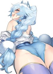 Rule 34 | 1girl, 92m, :d, ass, bare shoulders, blue eyes, blue hair, blush, braid, china dress, chinese clothes, commission, dress, foreshortening, from behind, girls&#039; frontline, hair between eyes, highres, long hair, looking at viewer, looking back, lying, on stomach, open mouth, pa-15 (alluring larkspur) (girls&#039; frontline), pa-15 (girls&#039; frontline), pelvic curtain, pom pom (clothes), purple thighhighs, sidelocks, simple background, skeb commission, smile, solo, thighhighs, twin braids, very long hair, white background