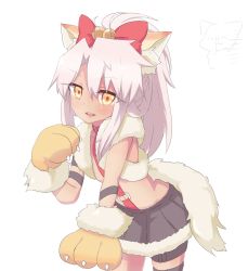 Rule 34 | 1girl, animal ears, animal hands, bad id, bad pixiv id, bell, blonde hair, bow, chloe von einzbern, collar, cowboy shot, dangeroes beast (chloe), dark-skinned female, dark skin, eyes visible through hair, fate/kaleid liner prisma illya, fate (series), fur trim, gloves, grey hair, hair bell, hair between eyes, hair bow, hair ornament, highres, jingle bell, kemohira, leaning forward, long hair, looking at viewer, parted lips, paw gloves, ponytail, simple background, skirt, solo, tail, thigh strap, tongue, tongue out, white background
