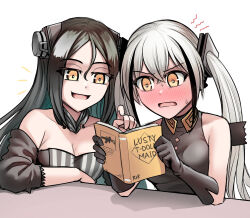 Rule 34 | 2girls, arm on table, assault rifle, bare shoulders, black gloves, black hair, blush, book, breasts, collarbone, commentary, content rating, destroyer (girls&#039; frontline), dreamer (girls&#039; frontline), embarrassed, english commentary, english text, girls&#039; frontline, gloves, grey hair, gun, h&amp;k g36, hair between eyes, hair ornament, highres, holding, holding book, long hair, medium breasts, multicolored hair, multiple girls, open mouth, orange eyes, parody, pointing, reading, rifle, senpaihawkkun, silhouette, simple background, sleeveless, smile, sweat, the elder scrolls, twintails, upper body, weapon, white background