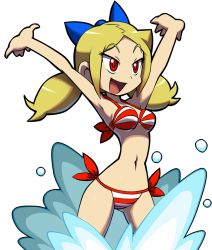 Rule 34 | 1girl, bikini, blonde hair, bow, breasts, cleavage, long hair, makoto yabe, narrow waist, navel, official art, open mouth, red bikini, red eyes, shantae (series), shantae and the pirate&#039;s curse, solo, splashing, striped bikini, striped clothes, swimsuit, transparent background, twintails, twitch (shantae), water