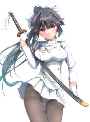 Rule 34 | 1girl, aiguillette, azur lane, black hair, black pantyhose, blush, bow, breasts, buttons, closed mouth, commentary request, epaulettes, gloves, hair bow, holding, holding sword, holding weapon, impossible clothes, kudou maimu, long hair, looking at viewer, medium breasts, military, military uniform, panties, panties under pantyhose, pantyhose, pleated skirt, ponytail, see-through, simple background, skirt, solo, standing, sword, takao (azur lane), underwear, uniform, very long hair, weapon, white background, white bow, white gloves, white skirt, white uniform