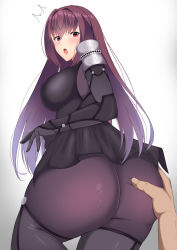 Rule 34 | 1girl, artist request, ass, ass focus, ass grab, blush, bodysuit, breasts, deep skin, dress, fate/grand order, fate (series), from behind, gloves, highres, huge ass, large breasts, long hair, looking at viewer, open mouth, pantyhose, purple hair, red eyes, scathach (fate), shiny clothes, short dress, sideboob, solo, surprised, very long hair