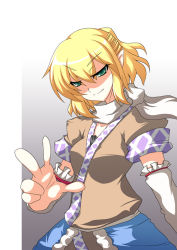 Rule 34 | 1girl, arm warmers, blonde hair, foreshortening, green eyes, kotepo, mizuhashi parsee, pointy ears, scarf, shaded face, short hair, smirk, solo, touhou, v, w