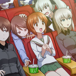 Rule 34 | 5girls, :d, anchovy (girls und panzer), anzio school uniform, black cape, black neckwear, black ribbon, blouse, blue shirt, blue sweater, brown eyes, brown hair, cape, commentary request, cup, disposable cup, dress shirt, drill hair, drinking straw, frown, girls und panzer, green hair, green skirt, grey shirt, hair ribbon, half-closed eyes, hand on another&#039;s head, holding, holding cup, indoors, itsumi erika, keizoku school uniform, kuromorimine school uniform, light frown, long hair, long sleeves, looking at another, medium hair, mika (girls und panzer), miniskirt, movie theater, multiple girls, multiple others, neckerchief, necktie, nishizumi maho, nishizumi miho, no headwear, ooarai school uniform, open mouth, partial commentary, pleated skirt, reaching, red eyes, rents (akirents), ribbon, sailor collar, school uniform, serafuku, shirt, short hair, siblings, silver hair, sisters, sitting, skirt, smile, st. gloriana&#039;s school uniform, steam, sweatdrop, sweater, teacup, twin drills, twintails, white sailor collar, white shirt, wing collar