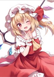 Rule 34 | 1girl, ;d, ascot, blonde hair, blush, bow, breasts, buttons, center frills, closed mouth, commentary request, crystal, eyelashes, finger to mouth, flandre scarlet, frilled shirt collar, frilled skirt, frills, hat, hat ribbon, heart, heart of string, highres, index finger raised, kure~pu, looking at viewer, mob cap, multicolored wings, one eye closed, one side up, open mouth, petticoat, puffy short sleeves, puffy sleeves, red eyes, red ribbon, red skirt, red vest, ribbon, shirt, short hair, short hair with long locks, short sleeves, side ponytail, simple background, skirt, small breasts, smile, solo, standing, touhou, vest, white background, white hat, white shirt, wings, wrist cuffs, yellow ascot