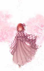 Rule 34 | 1girl, absurdres, bow, cherry blossoms, closed eyes, fate/grand order, fate (series), floating hair, fujimaru ritsuka (female), fujimaru ritsuka (female) (walking in the spring breeze), hair bow, hakama, hakama skirt, highres, japanese clothes, kimono, long sleeves, medium hair, official alternate costume, outstretched arm, print hakama, print kimono, red hair, side ponytail, skirt, solo, striped, striped bow, suna co, white background, wide sleeves