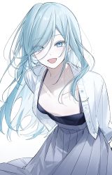 Rule 34 | 1girl, blue eyes, blue hair, breasts, grey skirt, hair over one eye, highres, hinomori shizuku, jacket, light blue hair, long hair, long sleeves, looking at viewer, mole, mole under mouth, nes 402, open clothes, open jacket, open mouth, pale skin, project sekai, simple background, skirt, small breasts, smile, white background, white jacket