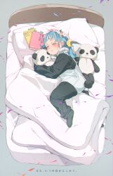 Rule 34 | 1girl, :o, absurdres, animal costume, animal hood, bed, blue hair, blush, book, closed eyes, commentary request, crescent, crescent hair ornament, flower, flower wreath, gomennasai, grey background, hair ornament, head wreath, highres, hood, hood down, long hair, lying, monday-chan (gomennasai), on side, original, panda costume, panda hood, parted lips, pillow, pink flower, simple background, sleeping, solo, stuffed animal, stuffed panda, stuffed toy, translation request, twintails, white flower